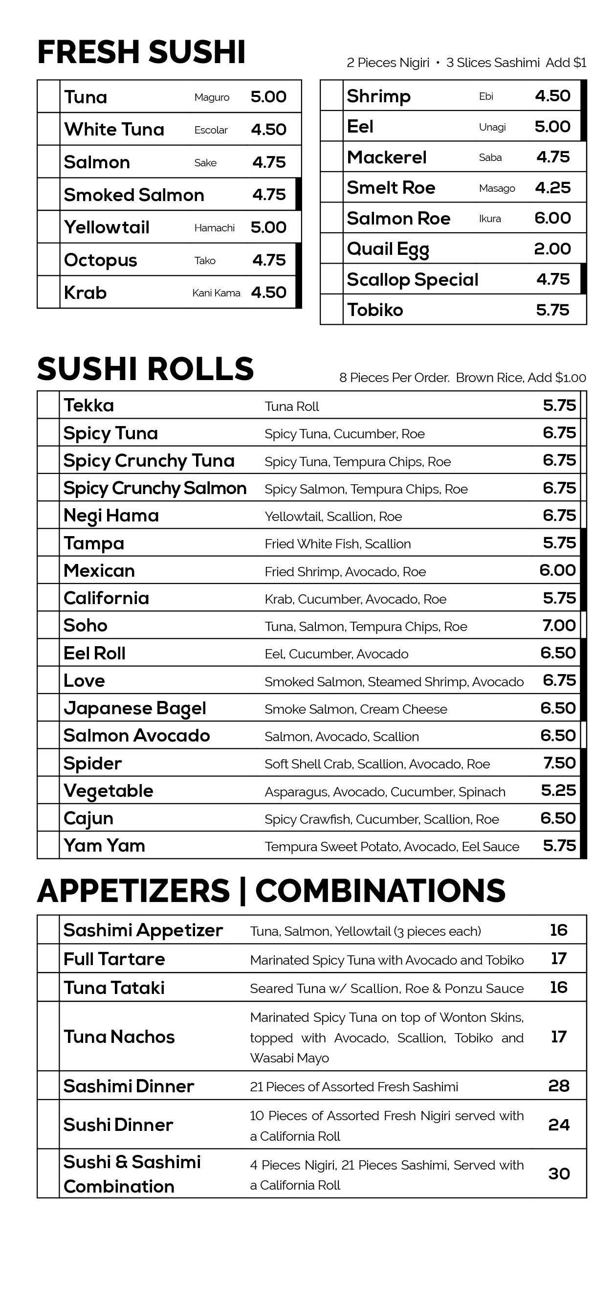 The Sushi Menu SoHo Sushi